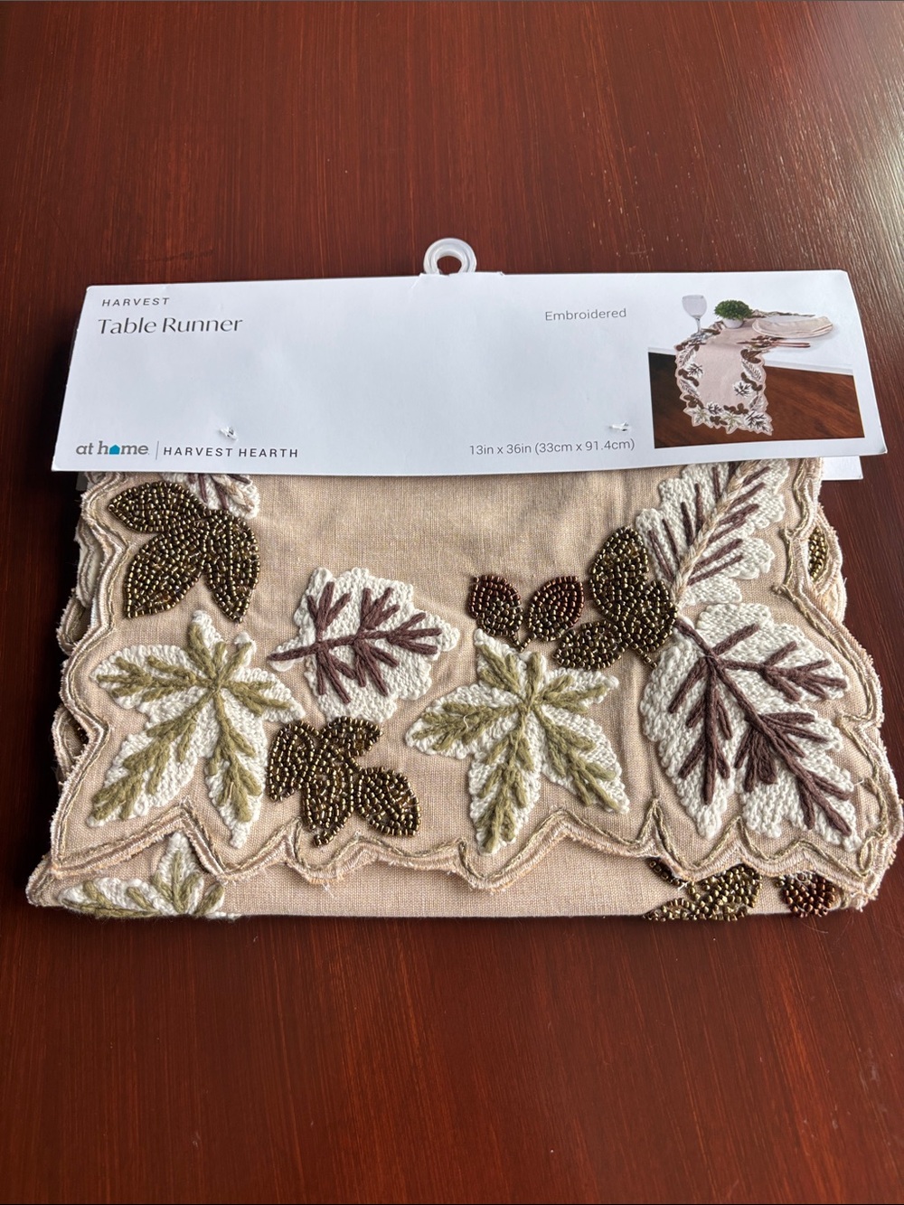 At Home Harvest Hearth embroidered & hand  beaded table runner,cotton